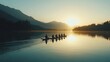 © Ayan - Rowing team paddling in unison on a calm lake during a sunrise