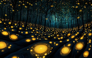 Wall Mural - Magical glowing forest at night.