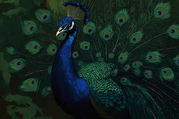 Wall Mural - A peacock with glowing feathers, painted in surreal, exaggerated patterns of blues and greens