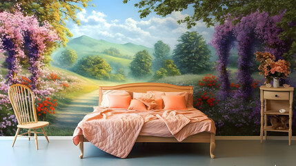 Wall Mural - Cozy bedroom with floral mural and soft decor