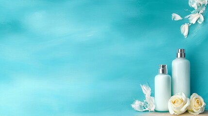 Wall Mural - A bottle of lotion next to a white rose on a blue background