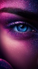 Wall Mural -  a close up of a woman's blue eye with pink glitter on it