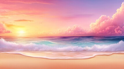 Poster - A painting of a sunset over the ocean with waves crashing on the beach