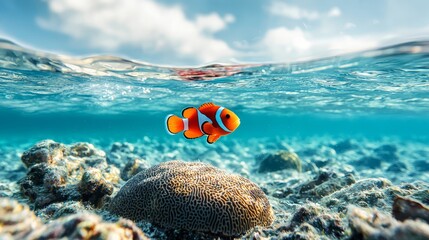 Wall Mural - A clown fish swimming in the ocean near a coral reef