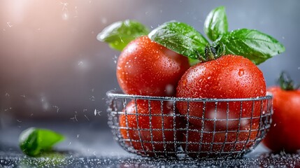 Wall Mural - A basket of tomatoes with water droplets on them