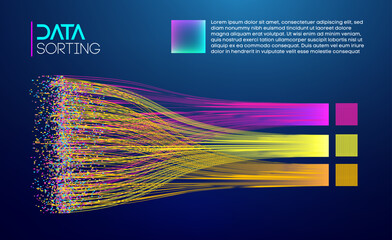 Multi colored flowing data streams representing information sorting and processing. . Big data blue technology background.