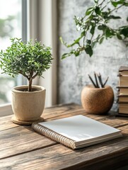 Wall Mural - Modern Home Office with Plant and Notebook