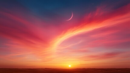 Poster - A colorful sunset with a crescent in the sky