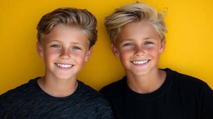 Wall Mural - Two young boys standing next to each other in front of a yellow wall