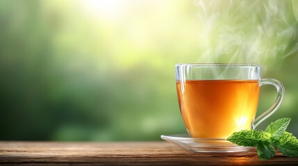 Wall Mural - A cup of tea with steam coming out of it on a wooden table