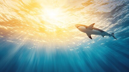 Wall Mural - A shark swimming in the ocean with the sun shining through the water