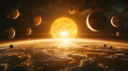 Wall Mural - distant planet system in space with exoplanets 3d rendering