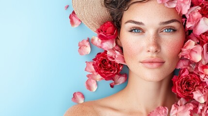 Wall Mural - A woman with freckles and a straw hat surrounded by flowers