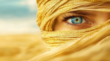 Wall Mural -  A close up of a woman's eye with a gold turban covering her face