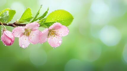 Wall Mural - A branch of a tree with pink flowers and green leaves