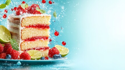 Wall Mural - A slice of cake on a plate with berries and limes