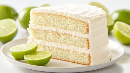 Wall Mural - A slice of cake on a plate with limes in the background