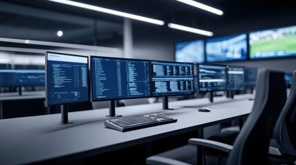 Wall Mural - modern control room with multiple monitors displaying data in a high-tech environment