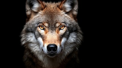   A close up of a wolf's face on a black background