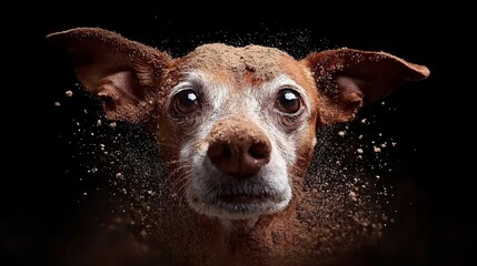 Wall Mural - A brown and white dog with a black background