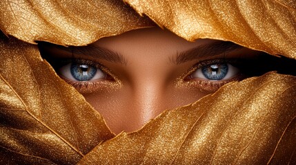 Wall Mural -  a close up of a woman's face with gold leaves covering her eyes