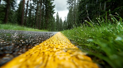 Canvas Print - A wet road in the middle of a forest with water droplets on it