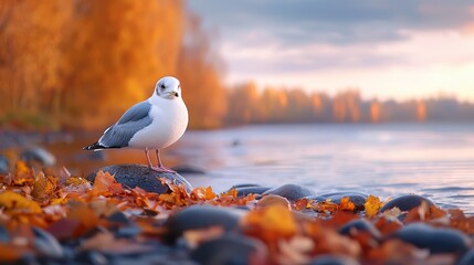 Canvas Print - A seagull standing on a rock by the water