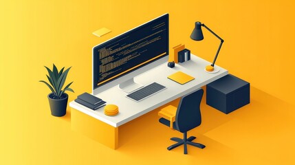 Modern programmer's desk isometric illustration.