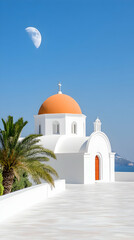 Wall Mural - Island church, orange dome, crescent moon, bright sky, calm sea, travel postcard.