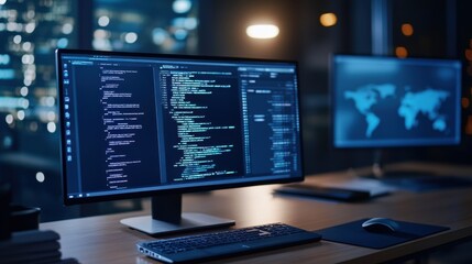 Wall Mural - computer programming environment with code on monitors in modern office at night with city view back