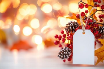 Seasonal discount tag with pinecones and berries cozy holiday setting photo warm background close-up festive marketing concept