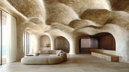 Organic modern living room with sculpted ceiling.