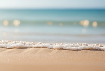 Seascape abstract beach background. blur bokeh light of calm sea and sky. Focus on sand foreground. Ai generator 