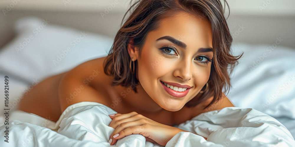 Sexy naked young short hair brunette beautiful woman lying on bed