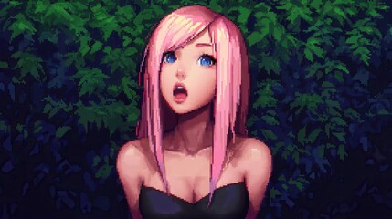 Pixel Art Anime Girl with Pink Hair Surprised Expression in a Dark Green Foliage Setting