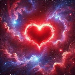 Glowing red heart-shaped nebula in outer space with swirling purple and blue gases, symbolizing love and cosmic energy.
