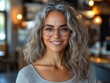 © CamBot - Smiling woman with curly hair and glasses in café.