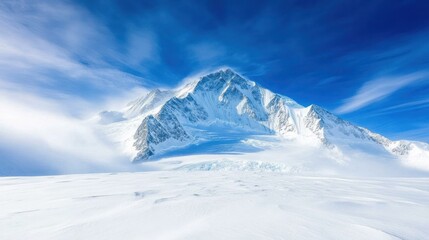 Wall Mural - majestic snow-capped mountain peak rising above a vast, icy landscape under a vibrant blue sky with 