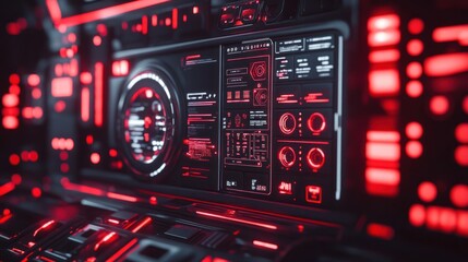 Futuristic red digital interface with glowing buttons and displays.