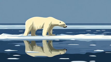 Wall Mural - polar bear walking on melting ice floe, reflected in water.