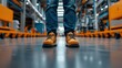 © khonkangrua - Industrial Worker Standing on Factory Floor Wearing Safety Boots in Busy Manufacturing Environment