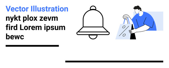 Notification bell next to a person carrying shopping bags. Text elements included. Ideal for e-commerce, notifications, alerts, shopping apps, digital marketing, user interface design, web