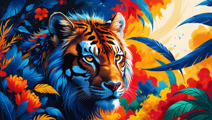  Vibrant tiger portrait amidst colorful tropical foliage.
