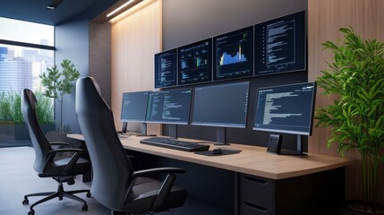 Wall Mural - modern office workspace with multiple computer screens displaying data analytics in a stylish enviro