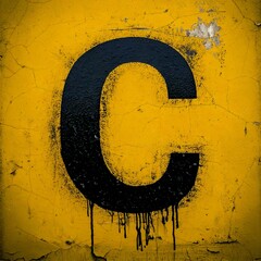 Wall Mural - Close-up photograph of a large Alphabet letter C painted on a textured yellow wall. The wall has a rough, pebbled texture and the paint is slightly chipped and worn.