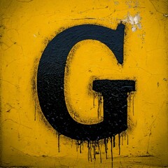 Wall Mural - Close-up photograph of a large Alphabet letter G painted on a textured yellow wall. The wall has a rough, pebbled texture and the paint is slightly chipped and worn.