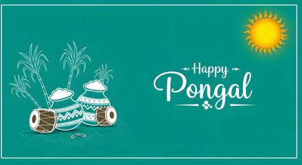 Traditional festive design with decorated pot sugarcane and sun in colorful pongal celebration artwork on teal background