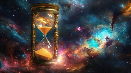 A surreal hourglass floats in a vibrant cosmic scene, representing the passage of time amidst distant galaxies and stars.