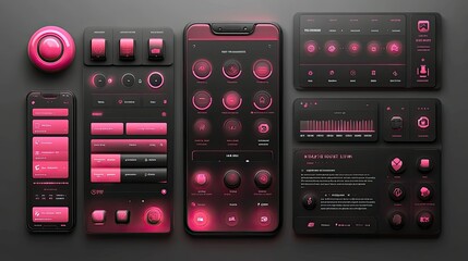 dark pink and black mobile app ui design elements on dark background.
