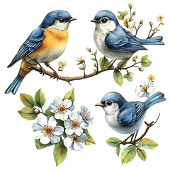 Wall Mural - Delicate Birds and Blossoms: A Springtime Scene